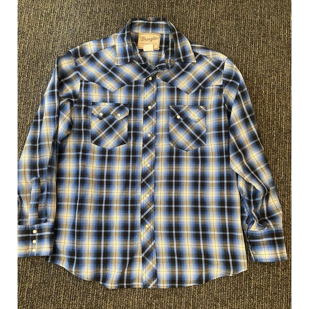 Wrangler Pearl Snap Western Shirt Men’s Large Long Sleeve Blue Yellow Plaid L